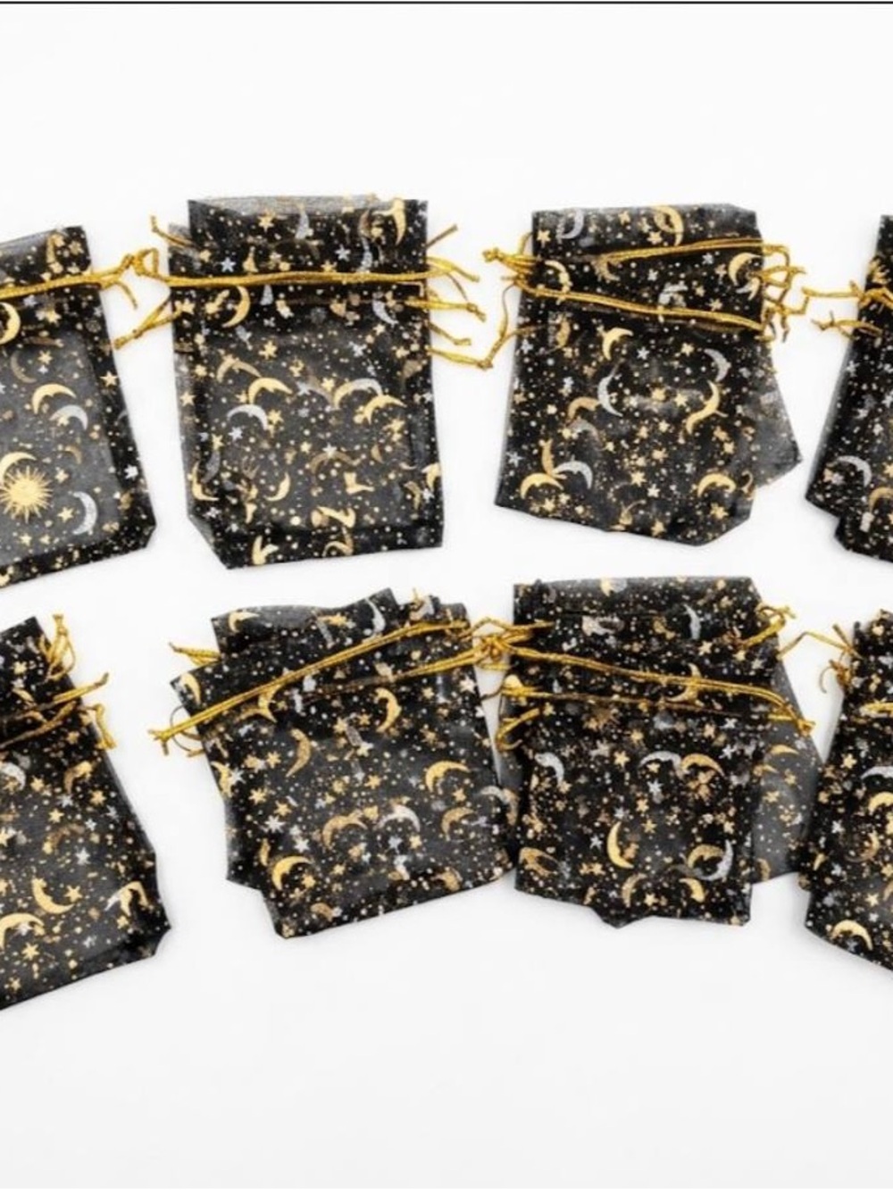 Premium organza drawstring pouches with gold moon & star pattern